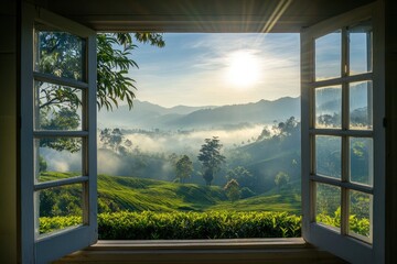 Open window overlooking a beautiful valley with morning mist and sun rays, a tea plantation in the background. 