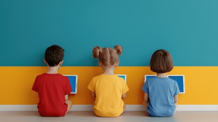Gamification Kids using tablets against a colorful wall in a playful learning environment.