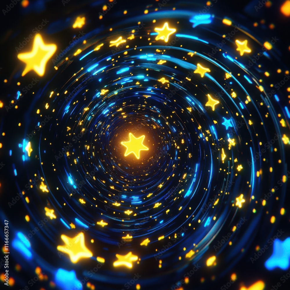 Canvas Prints neon yellow and blue stars spinning in a 3d space with a black starry background. - image #3 @talha1