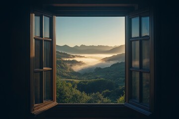 Open window with a view of a natural landscape and mountains, with sunlight streaming in during the morning. The scene has a misty, wide-angle, top-down perspective, as if viewed from inside a house. 