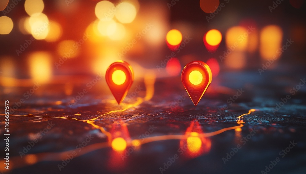 Poster two glowing map markers on a dark, illuminated map, representing locations or destinations.