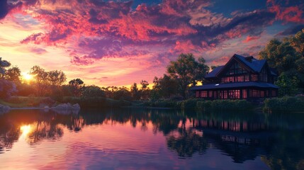 Fototapeta premium Enchanting Sunset Glow on 3D Printed Home - Ultra-Detailed Digital Artwork of Magical Dwelling with Vibrant Colors in Panoramic View