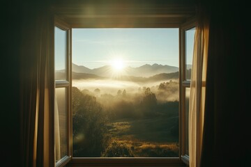 Fototapeta premium Open window with a view of a natural landscape and mountains, with sunlight streaming in during the morning. The scene has a misty, wide-angle, top-down perspective, as if viewed from inside a house. 