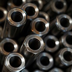 Assorted metallic fasteners including nuts bolts and washers arranged in a compact organized pattern against a dark background showcasing the industrial mechanical and engineering concepts