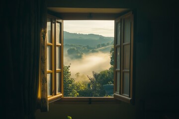 Open window with a view of a natural landscape and mountains, with sunlight streaming in during the morning. The scene has a misty, wide-angle, top-down perspective, as if viewed from inside a house.  © Dzikrul Husnani