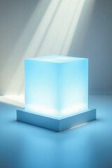 translucent light-blue cube rests on a white base