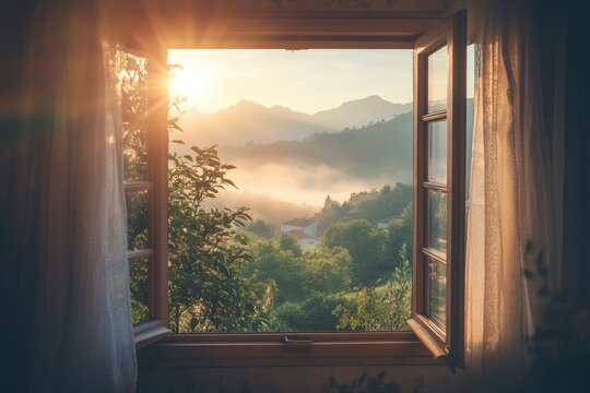 Fototapeta Open window with a view of a natural landscape and mountains, with sunlight streaming in during the morning. The scene has a misty, wide-angle, top-down perspective, as if viewed from inside a house. 