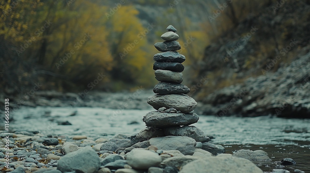 Poster a carefully balanced stack of grey and black rocks beside a flowing river in an autumnal forest.