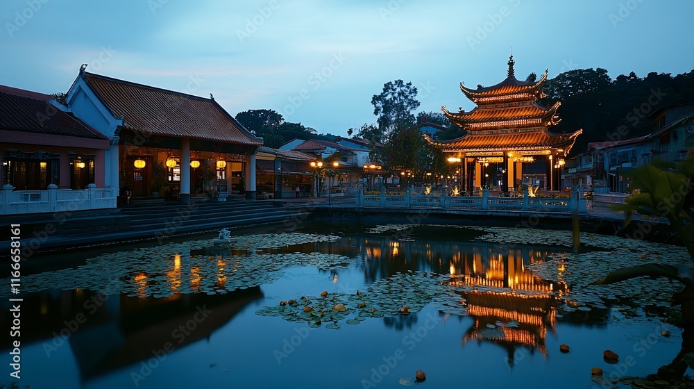 Poster illuminated asian architecture reflected in a tranquil pond at twilight.
