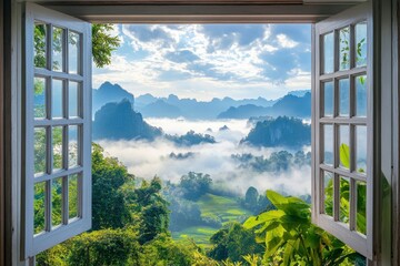 Open window with view of beautiful landscape, misty morning light on the mountains in Thailand. © Dzikrul Husnani