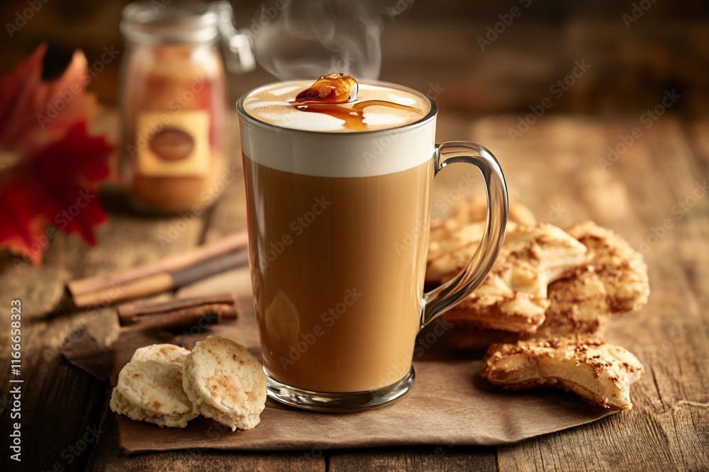 Poster Steaming latte with caramel and cookies on rustic wooden table.
