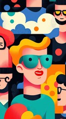 Gamification Colorful illustration of diverse individuals wearing sunglasses and smiling against a vibrant background.