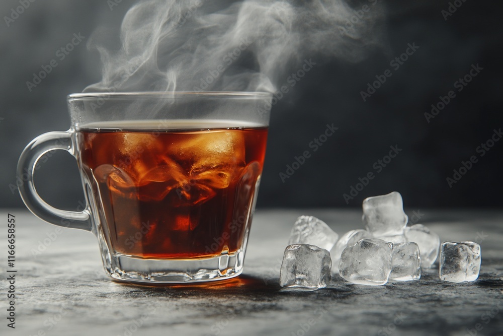 Poster steaming iced tea in a glass mug with ice cubes on a dark surface.