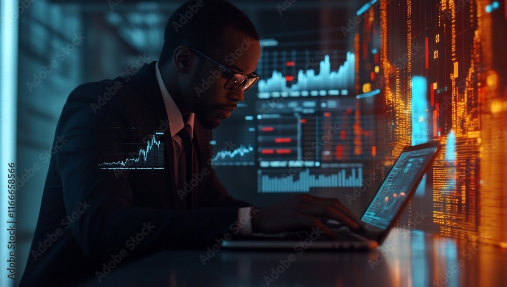Aufkleber focused businessman analyzing data on laptop with holographic displays showing financial charts and 