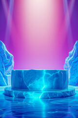 icy blue marble platform with jagged rocks underneath purple light