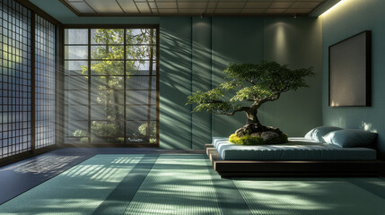 A peaceful Japanese interior with traditional shoji doors and tatami mats, a beautifully shaped bonsai tree at the center, vivid emerald green and soft lavender hues