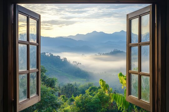 Fototapeta Open window with view of beautiful landscape, misty morning light on the mountains in Thailand.