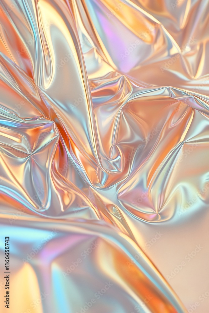 Poster abstract iridescent fabric texture with folds and wrinkles, shimmering with pastel colors.