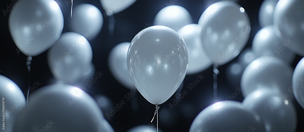Poster many white balloons floating in dark space.