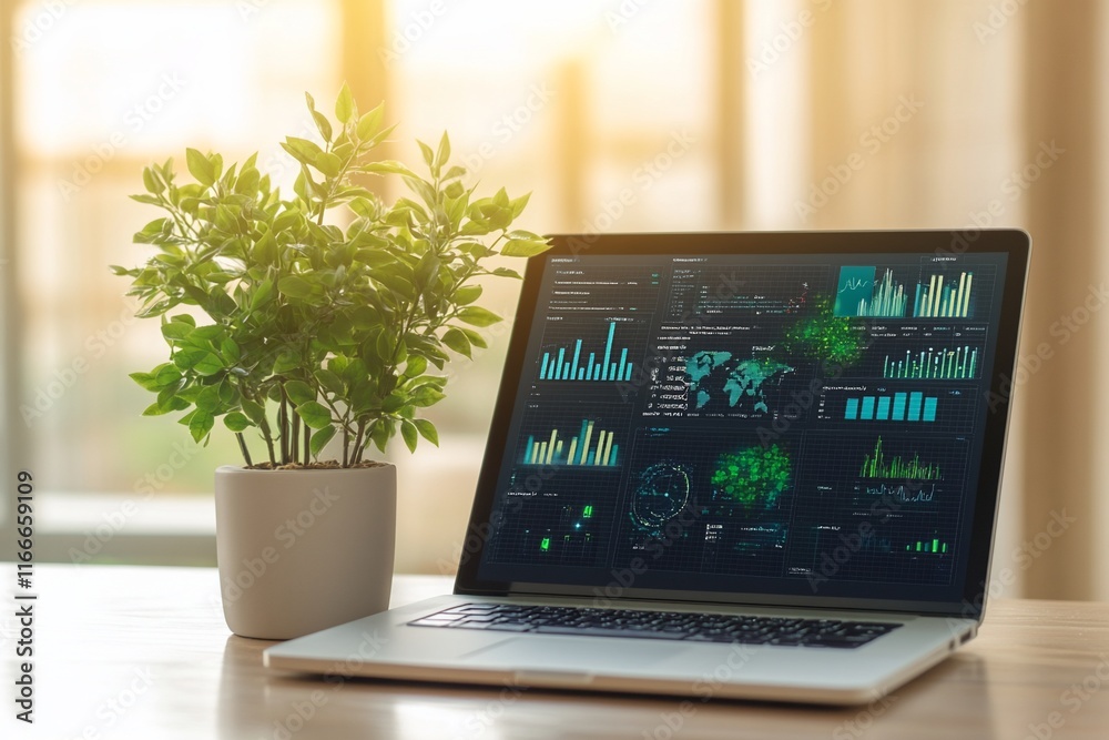 Poster Laptop displaying data analytics charts and graphs on a desk with a plant.