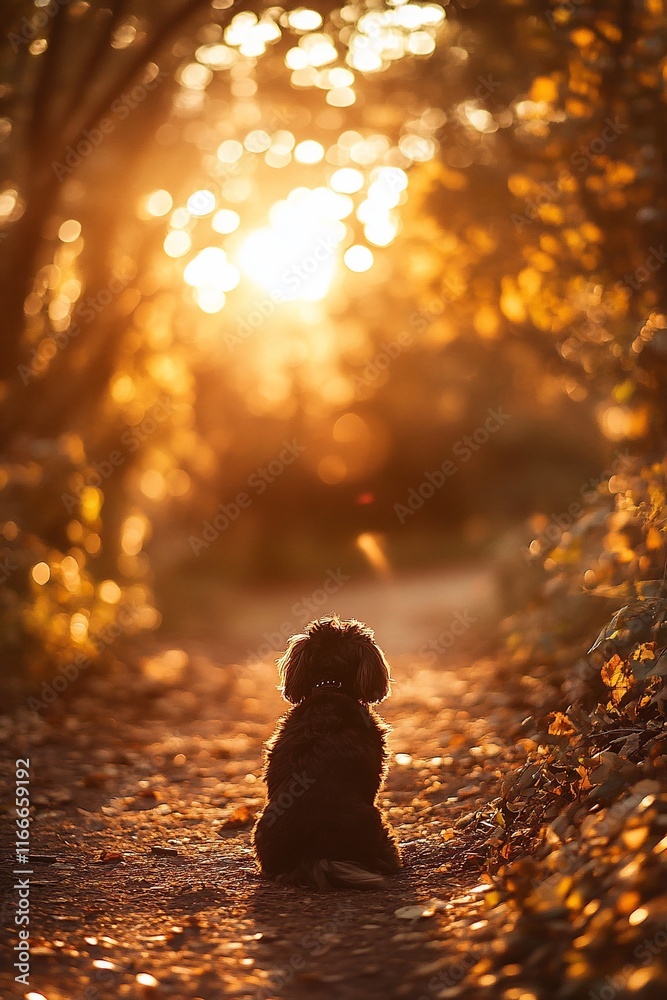 Poster silhouette of a small dog sitting on a path in a forest at sunset.