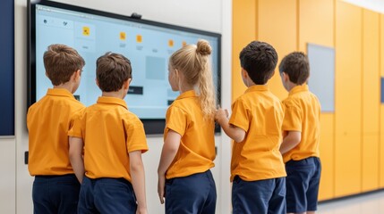 Gamification Children in orange shirts engaging with a digital screen in a classroom setting.