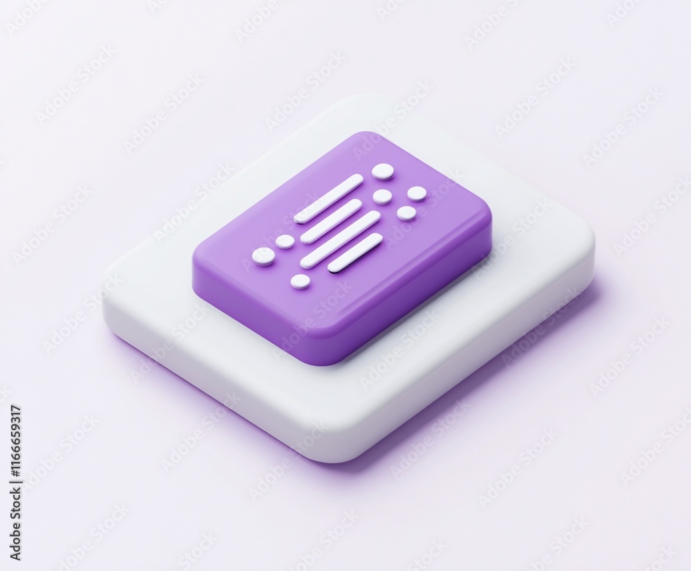 Poster Purple isometric 3D icon on white square base, featuring parallel lines and dots, symbolizing data or settings.
