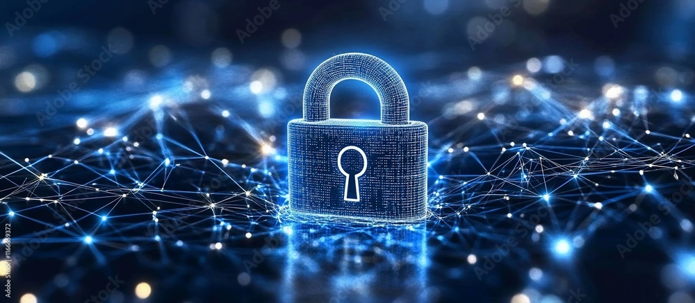Leinwandbilder Digital lock icon on a network background representing cybersecurity and data protection.
