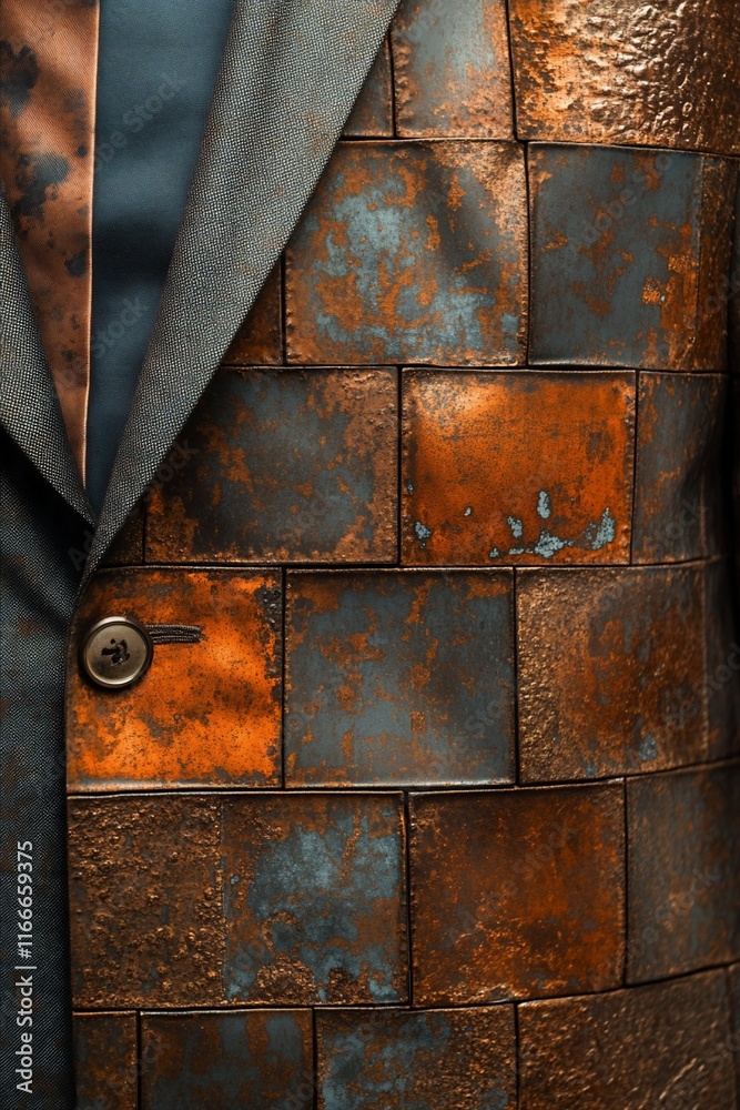 Poster Close-up of a man's suit jacket with a unique copper tile pattern.  The tiles are various shades of copper and bronze, showing texture and patina.