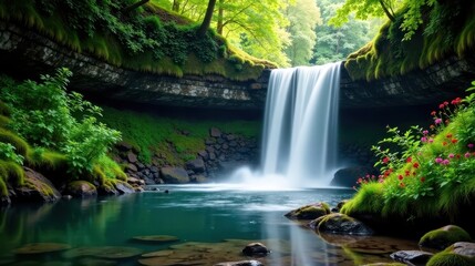 Obraz premium Serene Waterfall Cascading into a Lush Emerald Pool, Surrounded by Vibrant Green Foliage and Blossoming Flowers