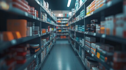Aisles of a Pharmacy, Stocked Shelves, Medicine, Healthcare Products