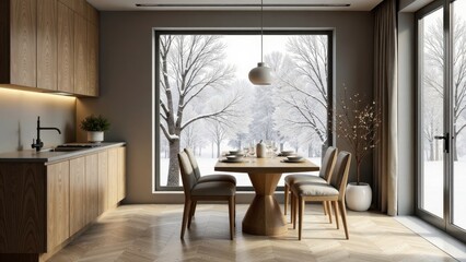 Modern kitchen and dining area with a snowy winter view