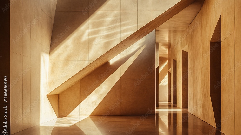 Poster Sunlit modern hallway with geometric architecture and light reflections on polished floor.