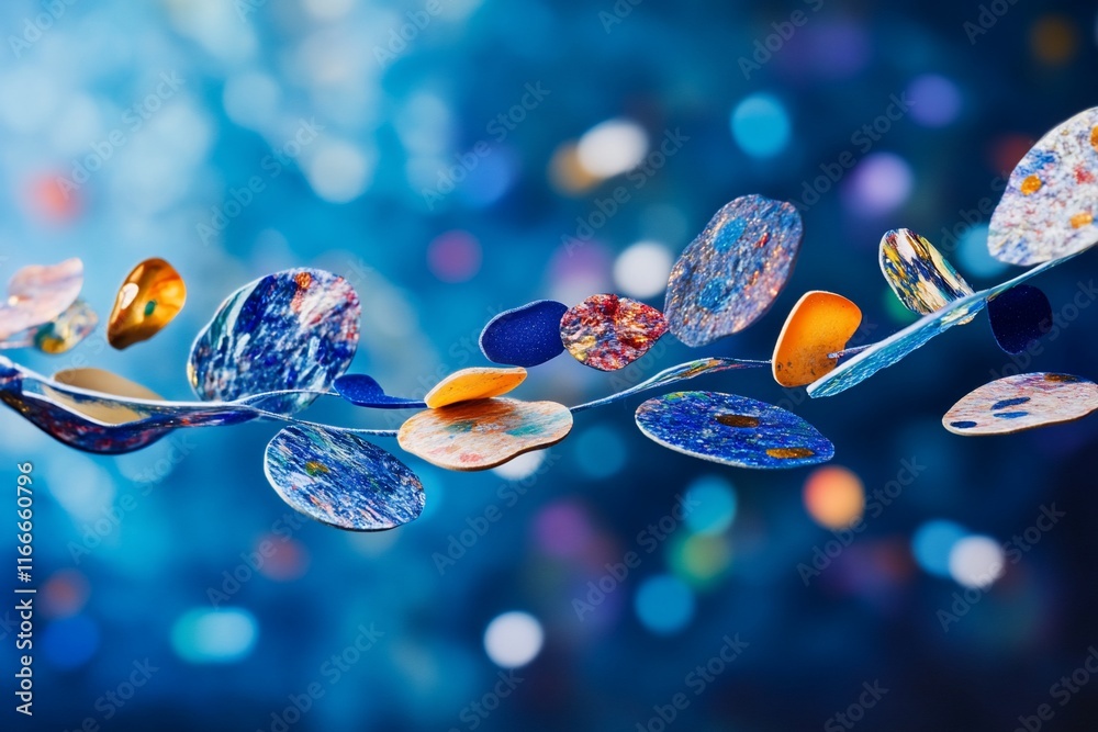 Poster Abstract colorful shapes floating in a blue bokeh background.