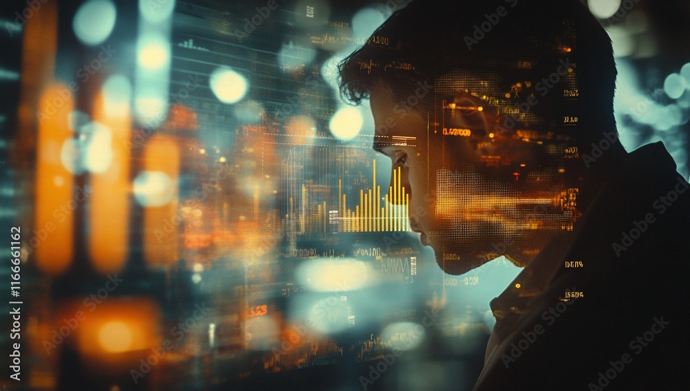 Aufkleber Double exposure of a man with city lights and data charts.