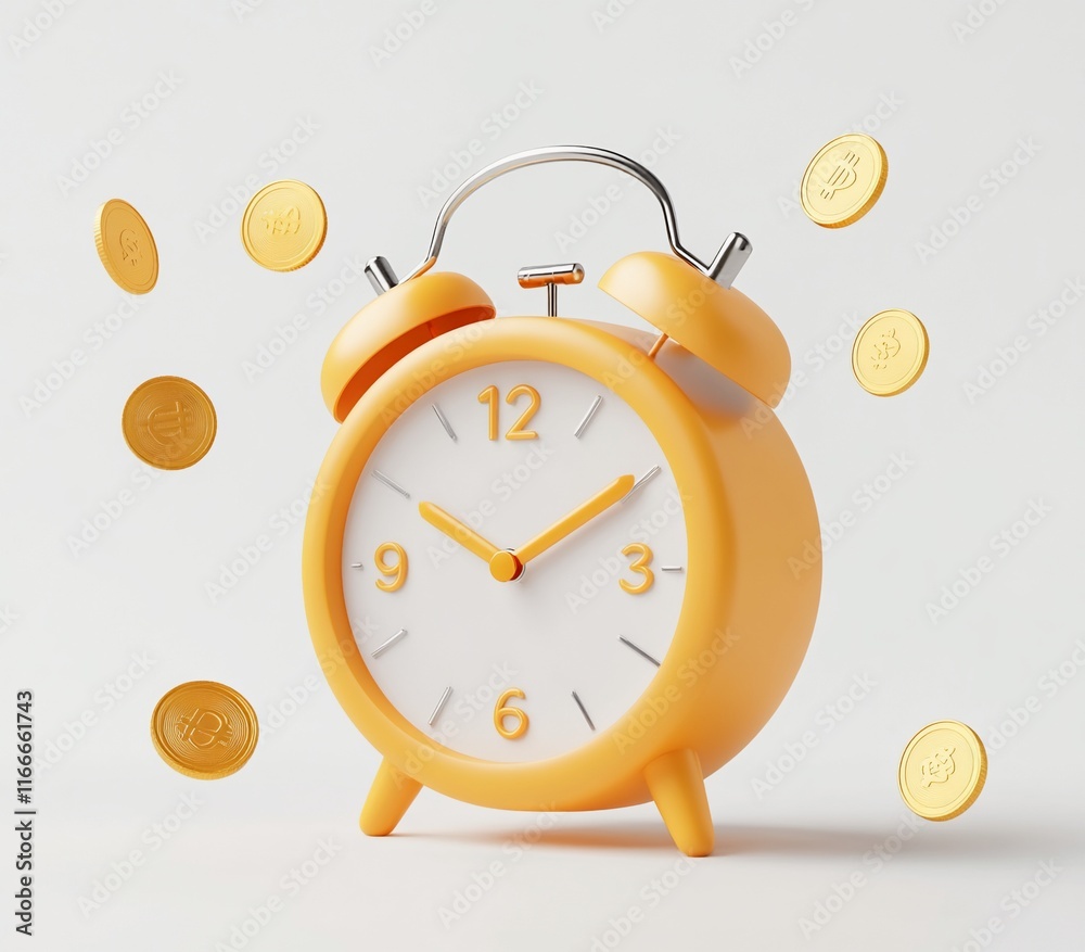 Aufkleber yellow alarm clock with coins floating around it, illustrating the concept of time and money.