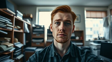 Obraz premium Portrait of a Thoughtful Young Man in a Book-Stacked Office Environment