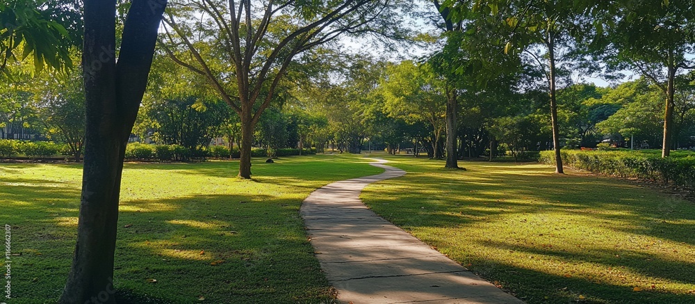 Aufkleber winding path through a sun-dappled park with lush green grass and trees casting shadows.