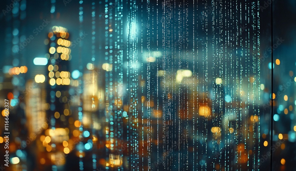 Poster night cityscape view through a glass wall displaying digital code.