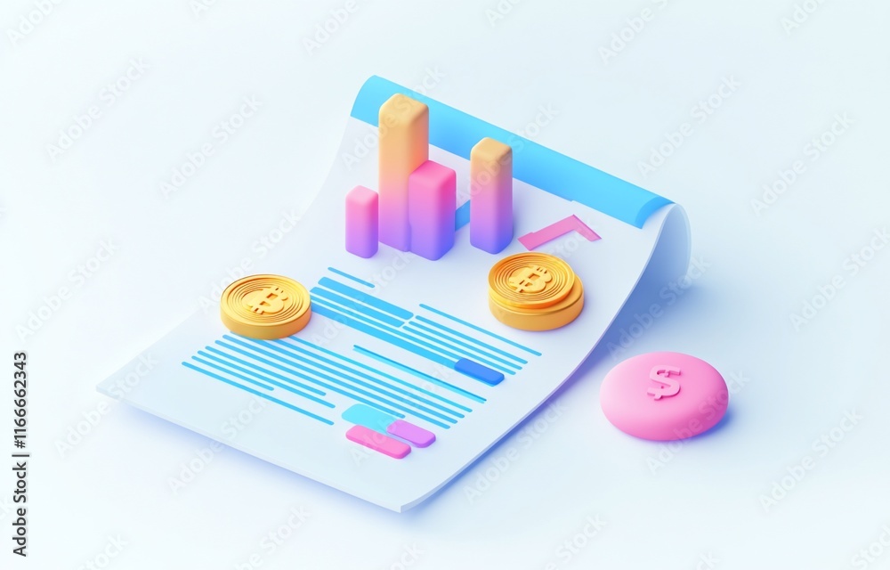 Poster 3d rendering of financial report with bitcoin, charts, and dollar coin.