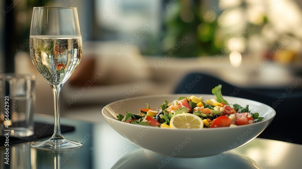 Poster fresh salad with lemon and sparkling wine on a glass table in a restaurant.