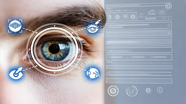 Eye closeup with digital circles and cataract surgery icons floating around, symbolizes eye surgery, blepharoplasty, and advanced vision correction
