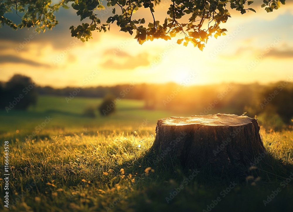 Poster tree stump in a field at sunset.