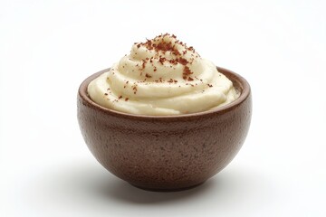 Creamy mashed potatoes topped with seasoning in a rustic bowl on a plain backdrop