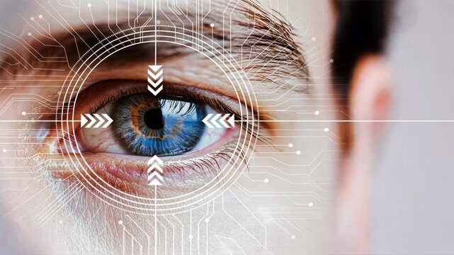 Close up of an eye with white digital arrows pointing towards it, concept for cataract surgery, eye operation, and advanced vision care technology