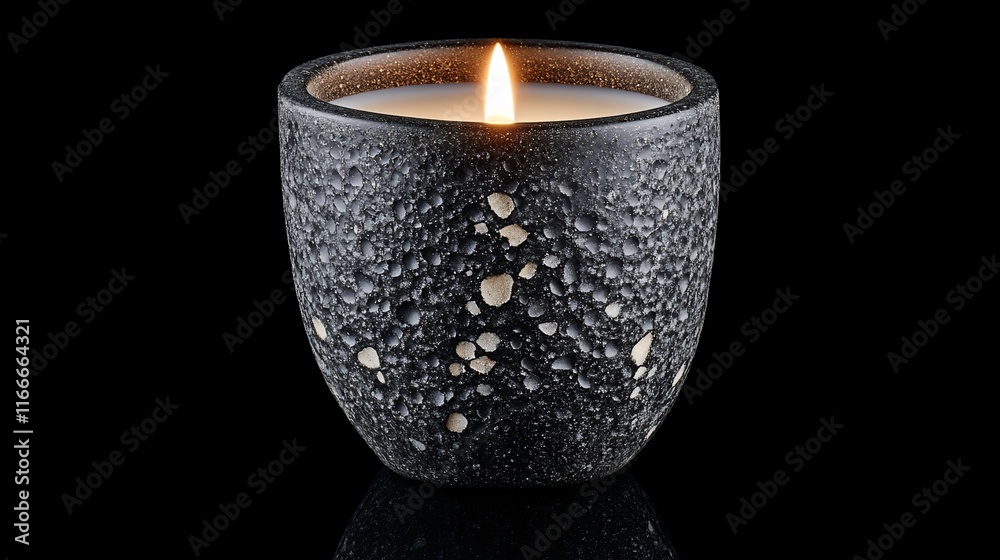 Poster lit candle in a textured black container on a reflective surface against a black background.