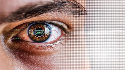 Close up of an eye with laser beams shining through it surrounded by binary code and data streams, represents cataract surgery, eye surgery, and advanced ophthalmology technology - Powered by Adobe