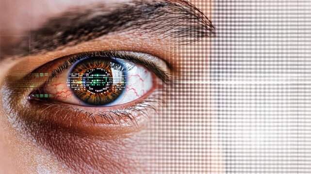 Close up of an eye with laser beams shining through it surrounded by binary code and data streams, represents cataract surgery, eye surgery, and advanced ophthalmology technology