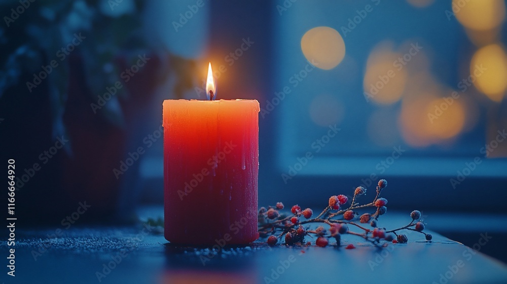 Aufkleber red candle burning brightly on a table near a window with a blurry background of lights and winter s