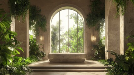 Fototapeta premium Serene Biophilic Design Luxury Bathroom with Natural Stone, Freestanding Tub, and Greenery for Spa-like Relaxation - 3D Render Illustration